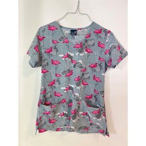 Zoe + Chloe Scrubs Top Medical Shirt Pink Flamingos XS Nursing